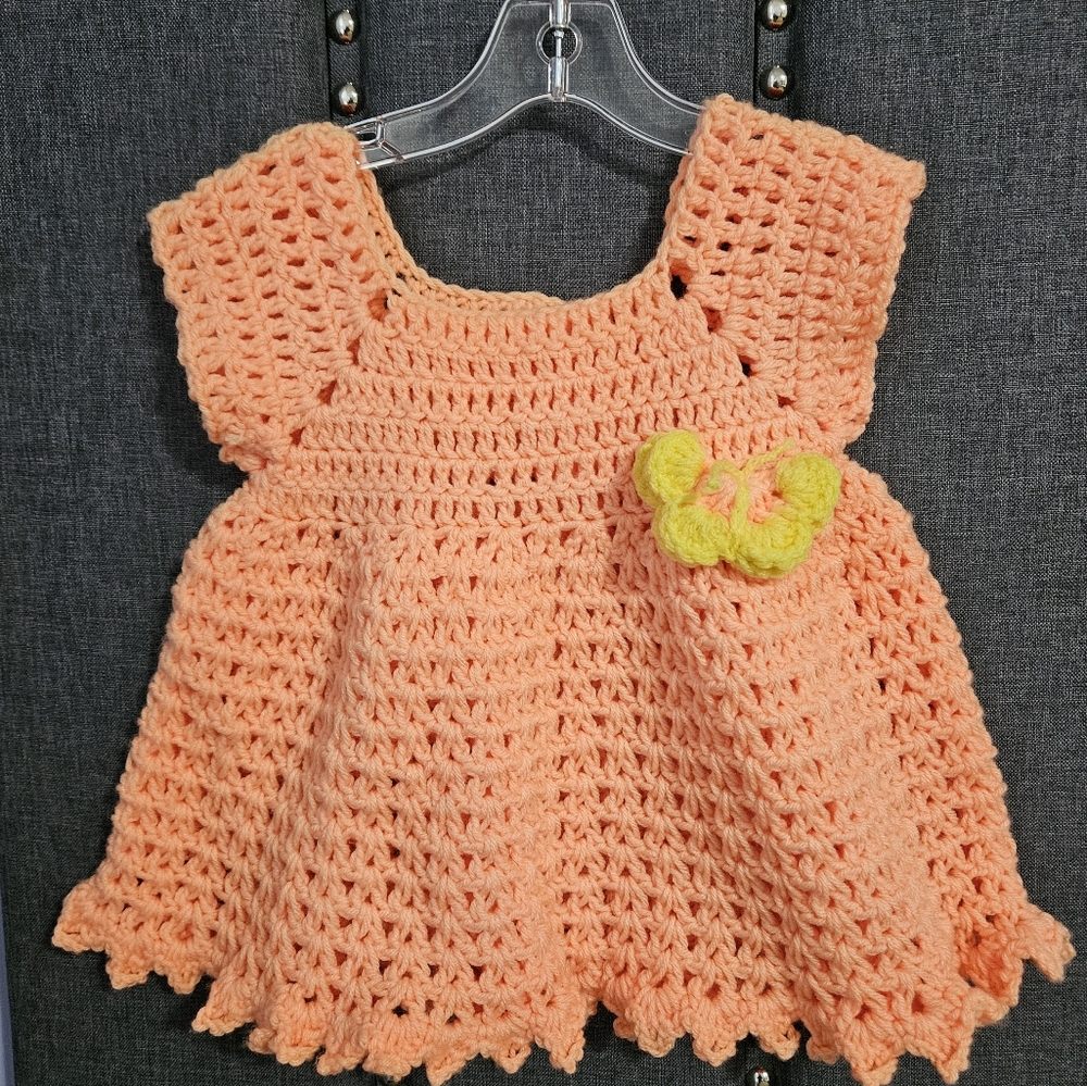 Crochet Short Sleeve Dress Handmade Butterfly Buttons